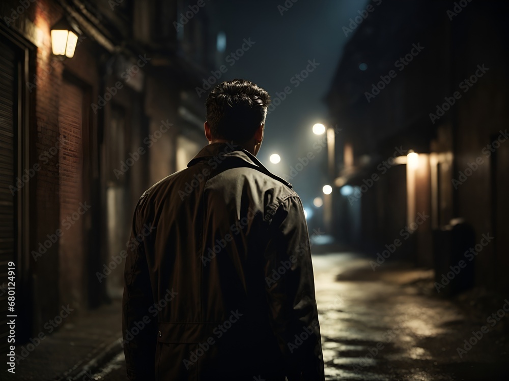 Image from behind of a man standing in a dark alley at night, evoking fear, suspense, thriller, and horror concepts.
