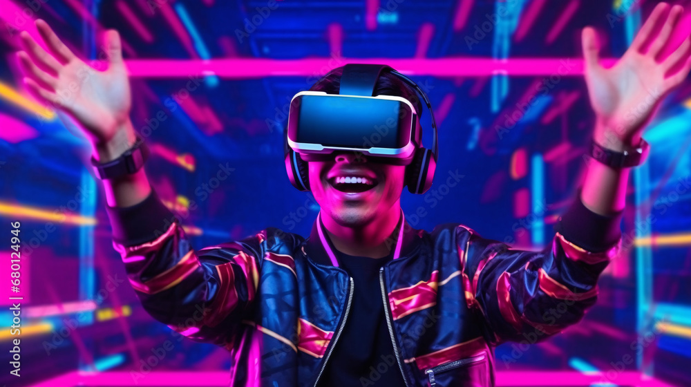 A man wearing VR headset excited and enjoying futuristic virtual reality cyberspace, innovation technology and gaming concept. A man wearing VR headset excited and enjoying futuristic virtual reality cyberspace, innovation technology and gaming concept.