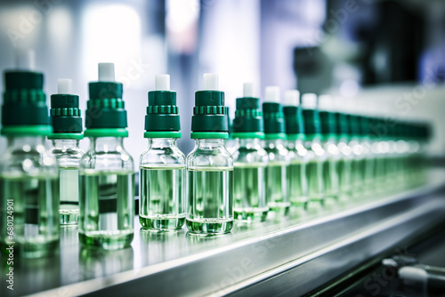 Vials of liquid medication in production line, pharmaceutical manufacturing, medicine and vaccine concept, close up shot.