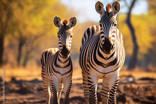 Zebra mother and zebra foal in grassland savanna, close up shot, beautiful wildlife animal background.