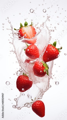 A group of strawberries falling into a glass of water