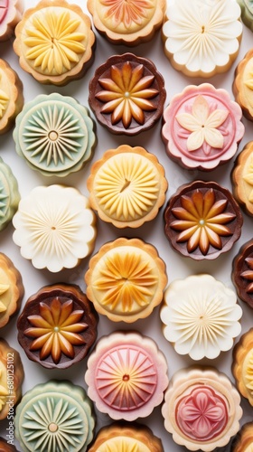 A white table topped with lots of colorful cookies, Chinese mooncakes, flat lay, top view.