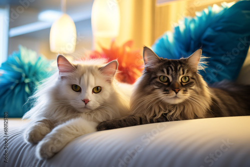 Cute happy cats at pet friendly hotel, holidays trip with pet concept.