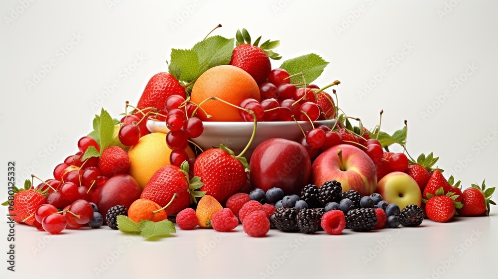Summer Freshness: Strawberries, Cherries, Peaches on Light Background Summer Freshness: Strawberries, Cherries, Peaches on Light Background