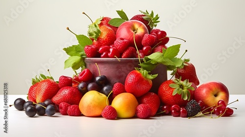 Summer Freshness  Strawberries  Cherries  Peaches on Light Background