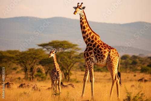 Giraffe mother and baby in grassland savanna day time, tallest animal in the world.