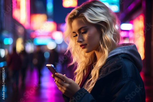woman texting on phone at night photo
