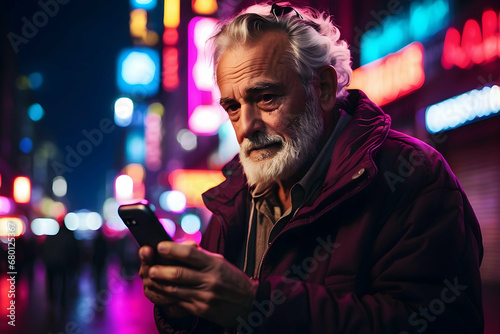 old man texting on phone at night