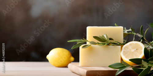 Natural handmade soap with lemon oil on light wooden table, background with copy space