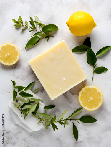 Top view of natural handmade soap with lemon oil on white marble background