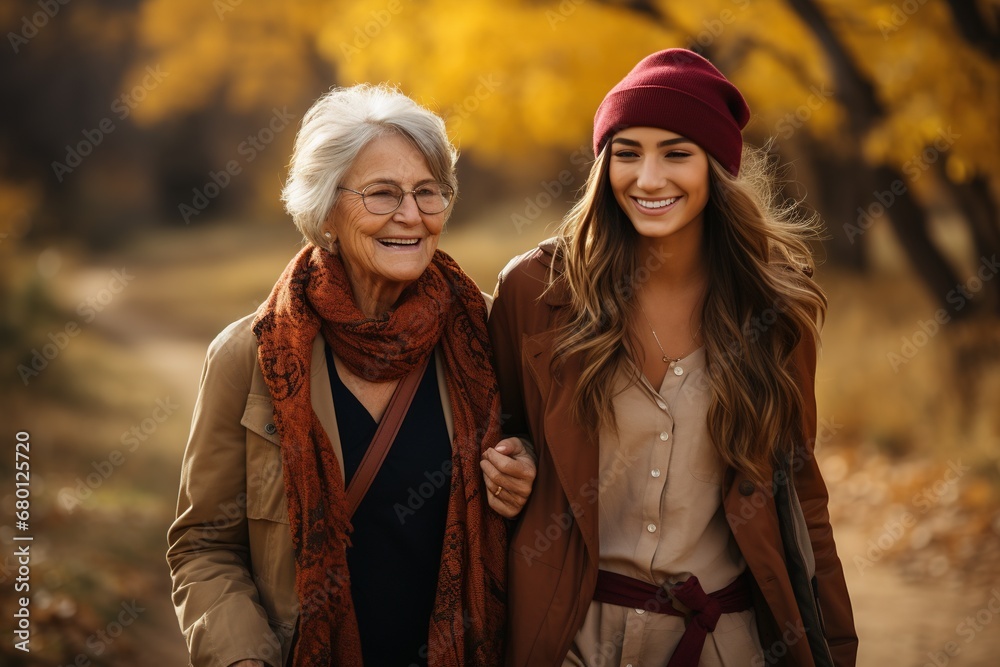 two woman walking in the autumn park, grandmother with grown-up granddaughter two woman walking in the autumn park, grandmother with grown-up granddaughter