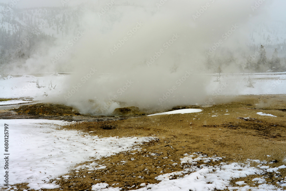 Winter Snowing Geothermal Pool Yellowstone