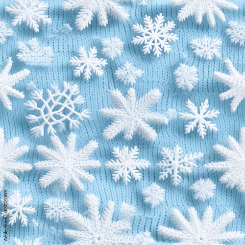 Winter knit seamless pattern of snowflakes soft light blue and white