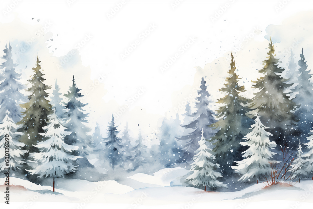 A Winter Christmas Scene. Christmas  in a Forest Pine Evergreen trees, decorated festive wintry snow, watercolor Illustrations