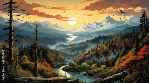 sunset in river the mountains, smoky mountains with forest  and clouds, mountains fog. nature  Vector illustration © Planetz