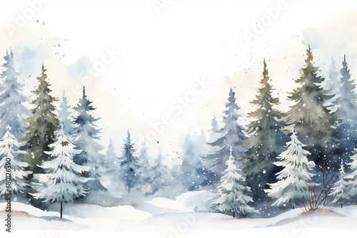 A Winter Christmas Scene. Christmas  in a Forest Pine Evergreen trees, decorated festive wintry snow, watercolor Illustrations © Olivia