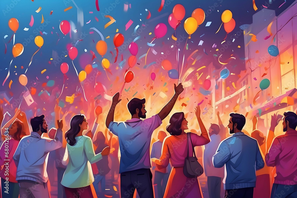 illustration of happy people with hands up in festival illustration of happy people with hands up in festival