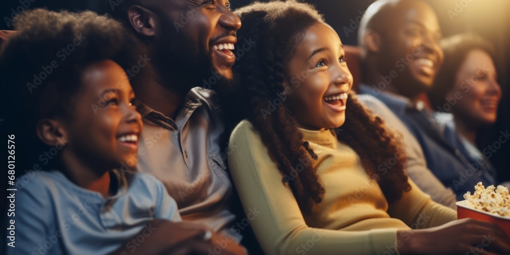 Fototapeta premium african american happiness family enjoy movie theater watch cinema together fun laugh smile happiness entertainment together family concept