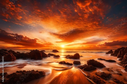 Craft a stunning scene in high-definition imagery, showcasing a majestic sunset with a celestial display of warm tones engulfing the horizon, creating a serene and captivating image,