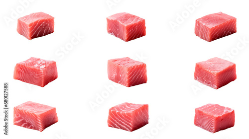 Collection of PNG. Raw bluefin tuna cube meat isolated on a transparent background. photo