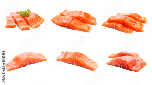 Collection of PNG. Raw salmon meat isolated on a transparent background.