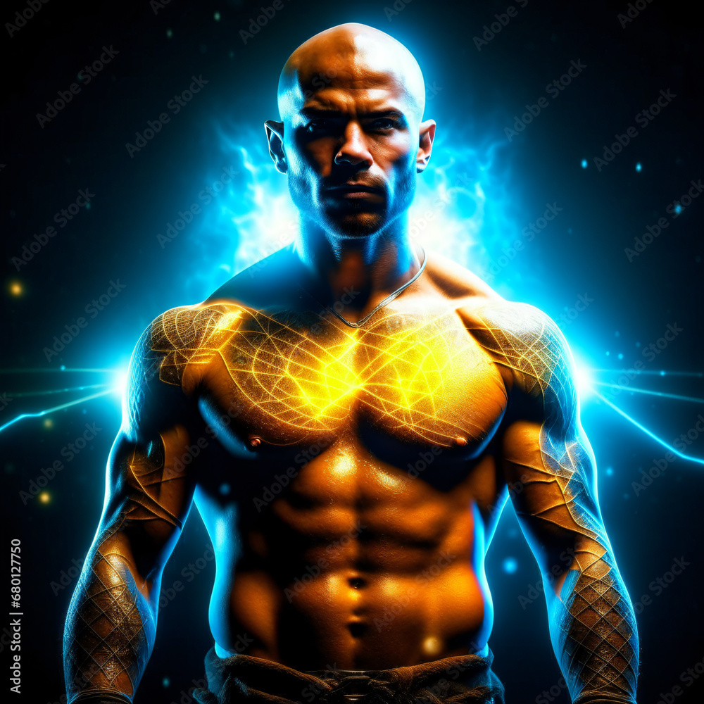 Muscular, shaved-headed young fighter. radiates energy. neon colors. The background is black with a blue and white spotlight.