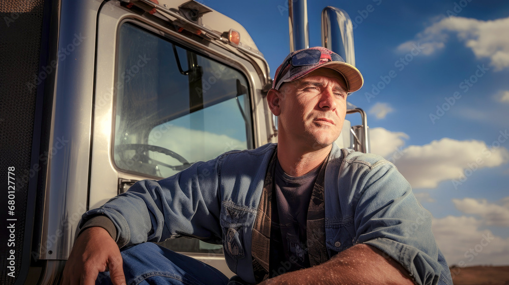 Adult tired male truck driver closeup outdoors Adult tired male truck driver closeup outdoors