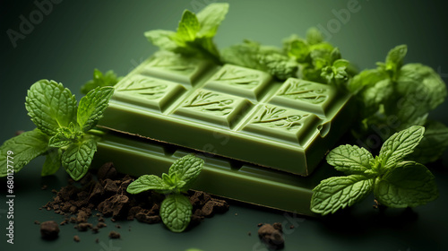 Chocolate mint flavor image art / green chocolate bar and mint leaves 2  Generative AI.