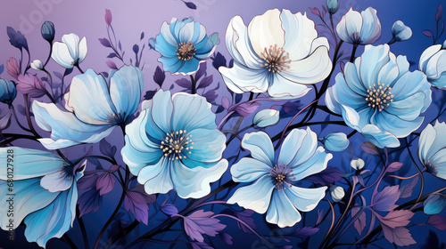blossom in spring, Purple Flowers Design Teal Blue Floral background © Planetz