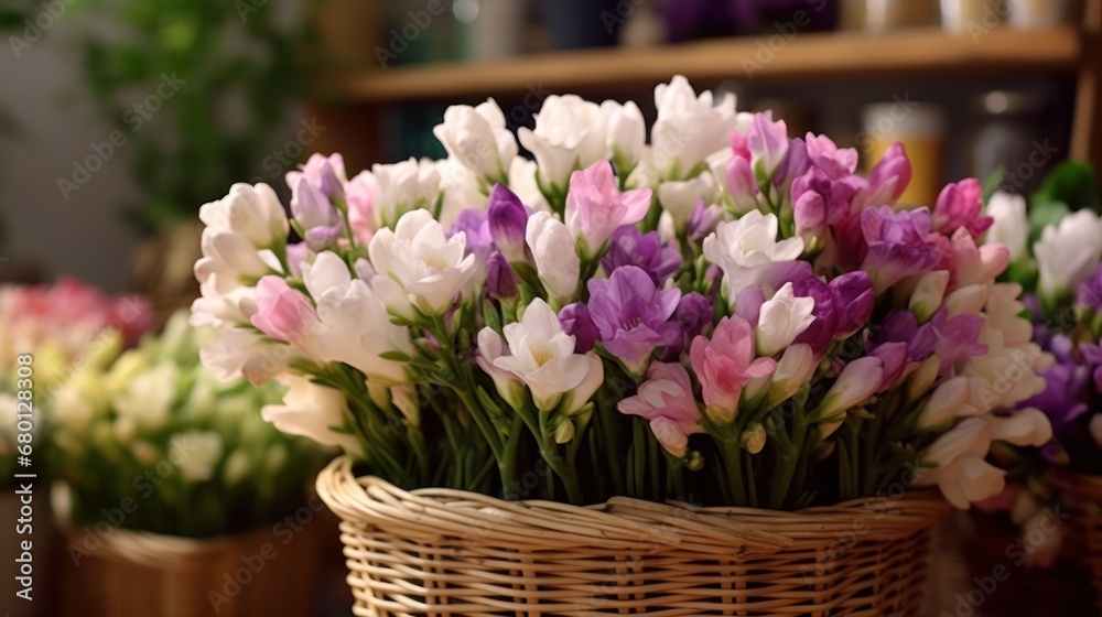 bouquet of freesia flowers in a wicker basket. Springtime Concept with Copy Space. Mothers Day Concept.