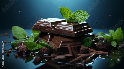 Art of chocolate mint flavor / chocolate bar and mint leaves. Generative AI.