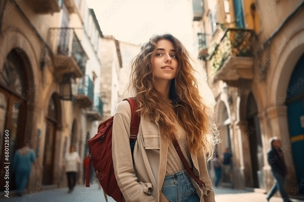 Young Solo Girl Traveler Exploring the Streets of Old Town in Spain. Backpacker Tourist Enjoying a Vacation in a Charming European City.