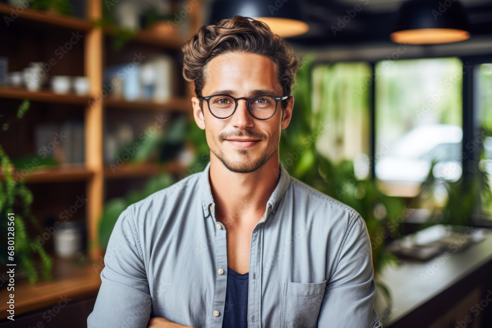 Fototapeta premium Man in home office, looking at camera with confidence.
