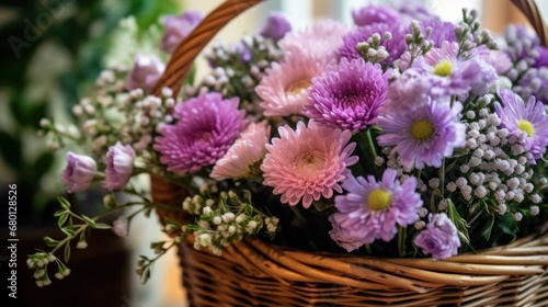 Colorful autumn flowers in a wicker basket on a wooden shelf. Springtime Concept with Copy Space. Mothers Day Concept.