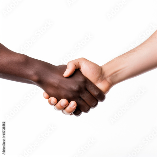 Men handshaking on white isolated background - ai generative photo