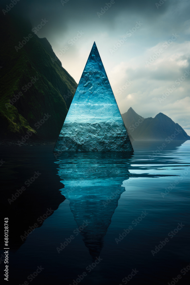 Surreal glass triangle reflecting in a calm ocean