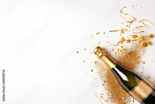 Bottle of champagne with gold glitter, confetti and space for text on white background, top view.