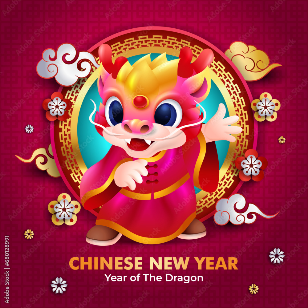 Chinese new year 2024 background with cute little dragon decorated with chinese elements