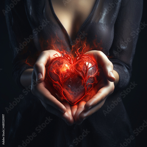 Woman holding a realistic heart in hands - ai generative