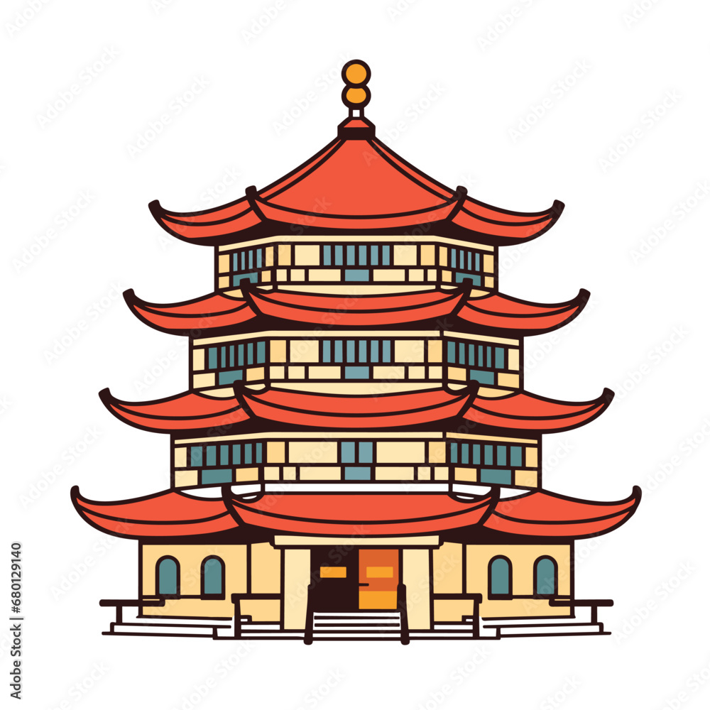 Buddhist temple, monastery. Buddhism symbol. Pagoda house. Vector illustration. Religion building.