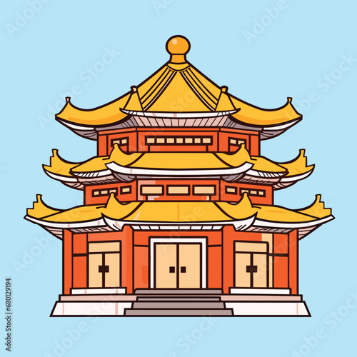 Buddhist temple, monastery. Buddhism symbol. Pagoda house. Vector illustration. Religion building.