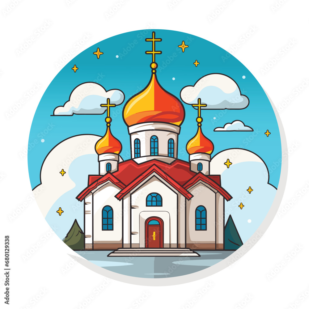 Ortthodox church building, cathedral. Cartoon religious architecture exterior, Vector illustration