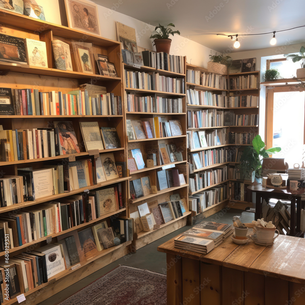 A cozy bookstore with a blank event schedule board
