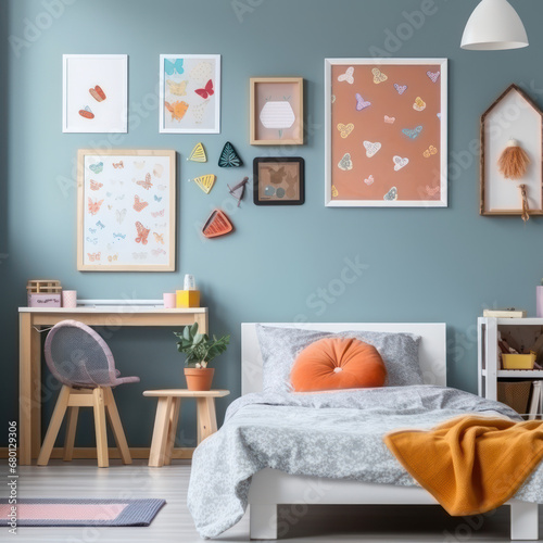  A lively childrens bedroom with a colorful empty 