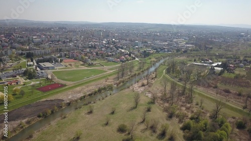 Jaslo, Poland - 9 9 2018: Photograph of the old part of a small town from a bird's flight. Aerial photography by drone or quadrocopter. Advertise tourist places in Europe. Planning a 