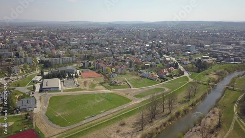 Jaslo  Poland - 9 9 2018  Photograph of the old part of a small town from a bird s flight. Aerial photography by drone or quadrocopter. Advertise tourist places in Europe. Planning a 