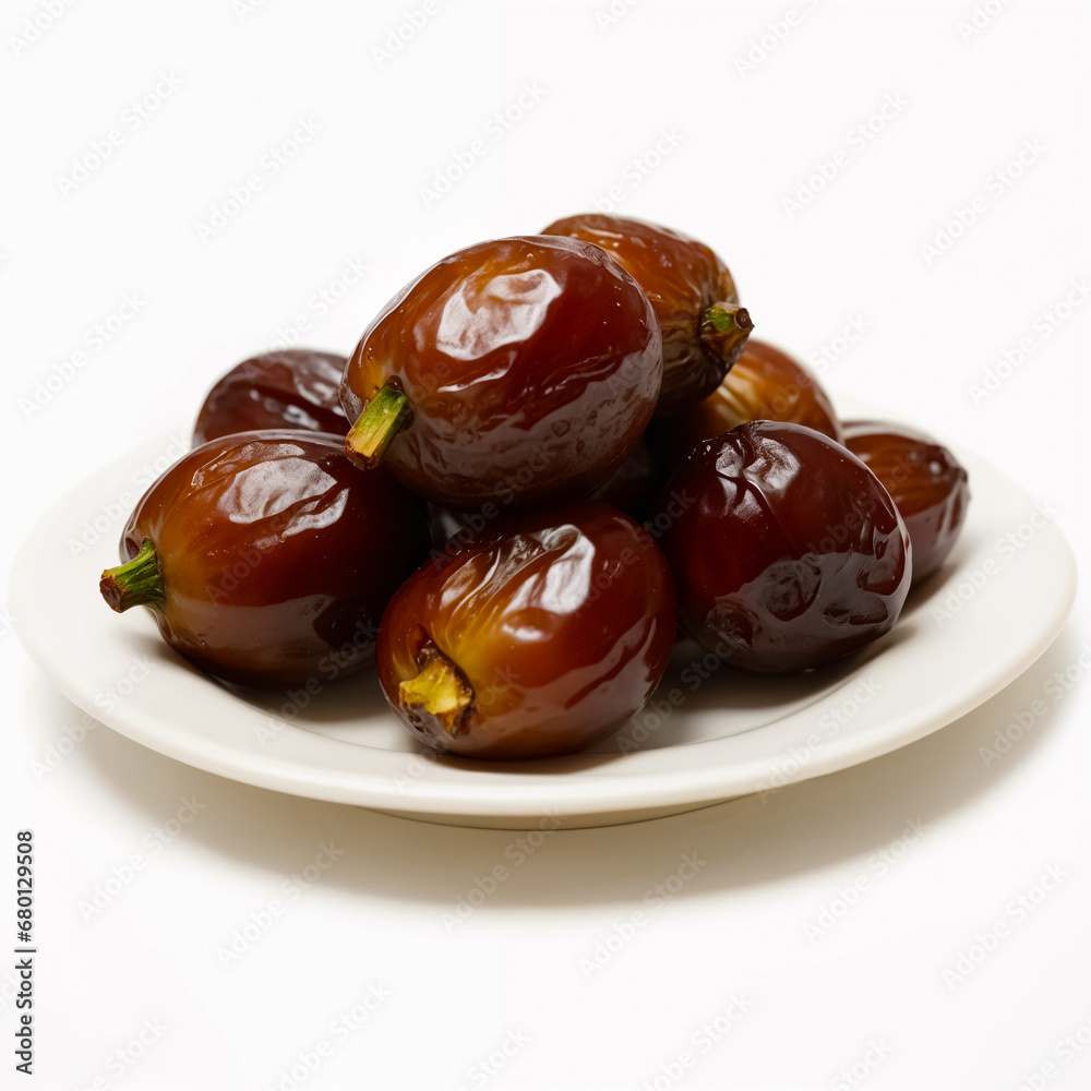 Obraz premium Plate with dates on a white background close-up. Generative AI
