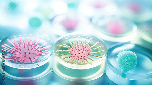 Macro shot of microbe on laboratory petri dish, close up shot of bacteria and virus cells in a scientific laboratory petri dish