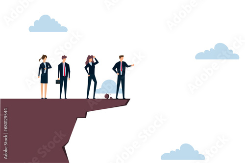 Wrong decision making, Stupid boss manager directing employees to jump off a cliff.