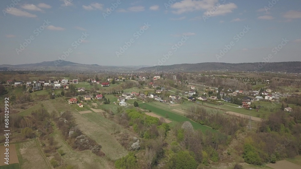 Jaslo, Poland - 9 9 2018: Photograph of the old part of a small town from a bird's flight. Aerial photography by drone or quadrocopter. Advertise tourist places in Europe. Planning a 